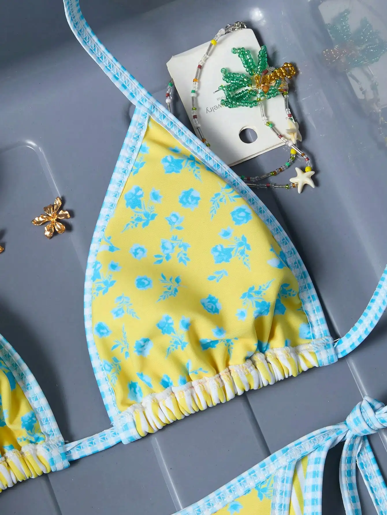 

Женский раздельный купальник с цветочным принтом и завязками на шее, треугольный бикини