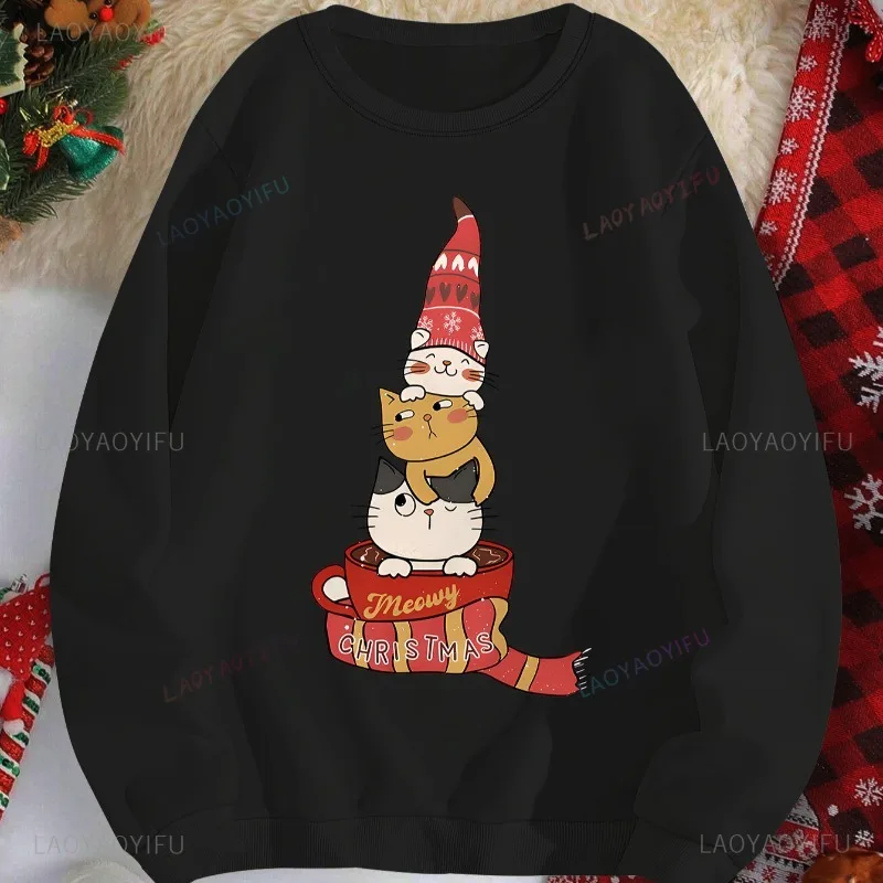 

Santa Cat Festive Christmas Print Crew Neck Sweatshirt comfort AutumnPullovers Machine Washable Perfect Holiday Gift For Her