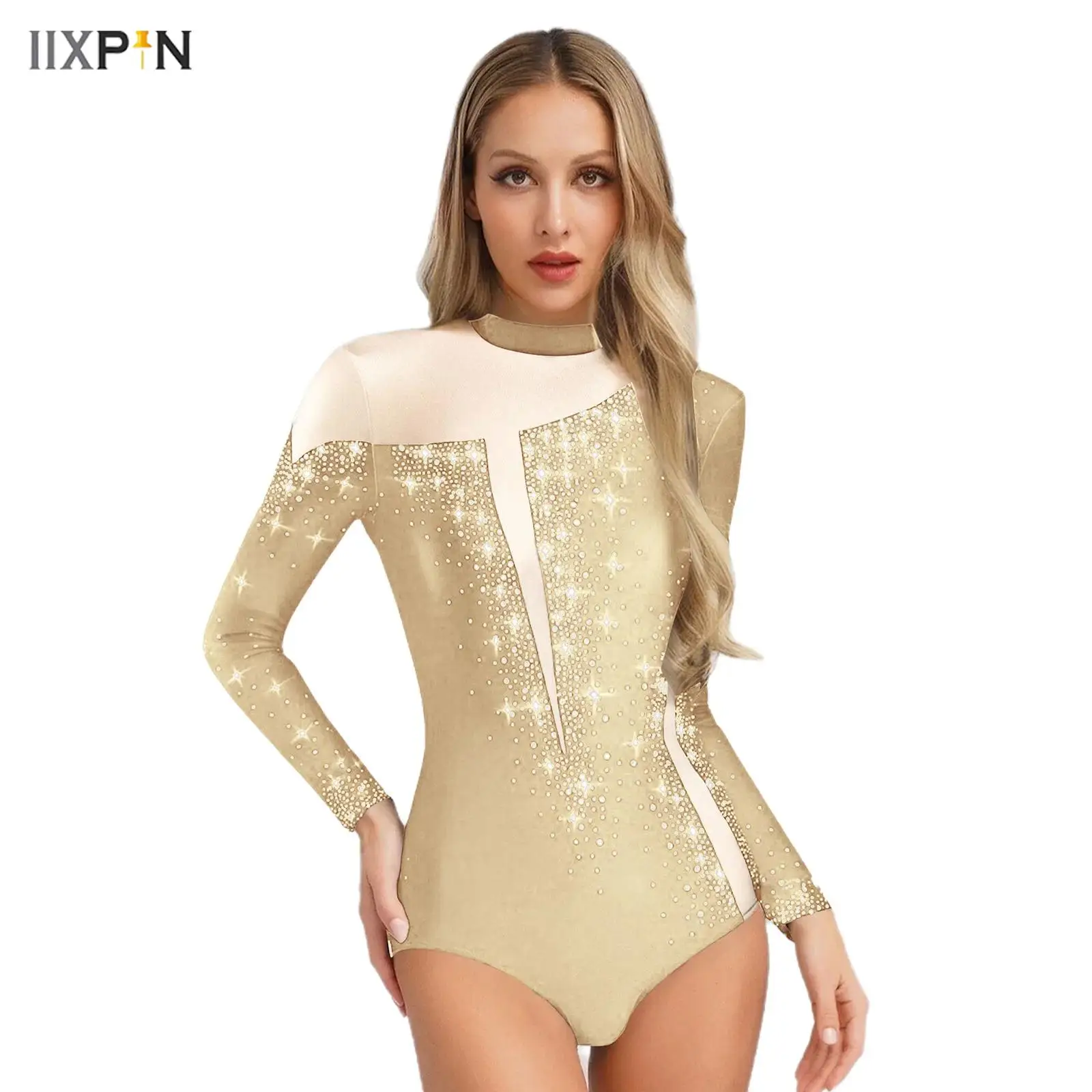 

Women Shiny Rhinestones Gymnastics Leotard Long Sleeve Mesh Patchwork Bodysuit for Figure Skating Dance Competition Performance