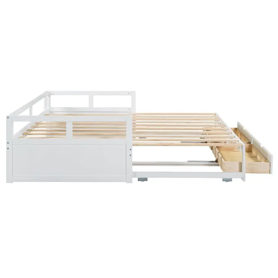 Extendable Daybed with Trundle Bed and Two Storage Drawers, Wooden Storage Daybed, Twin to King Design Extending Bed for Kids Te