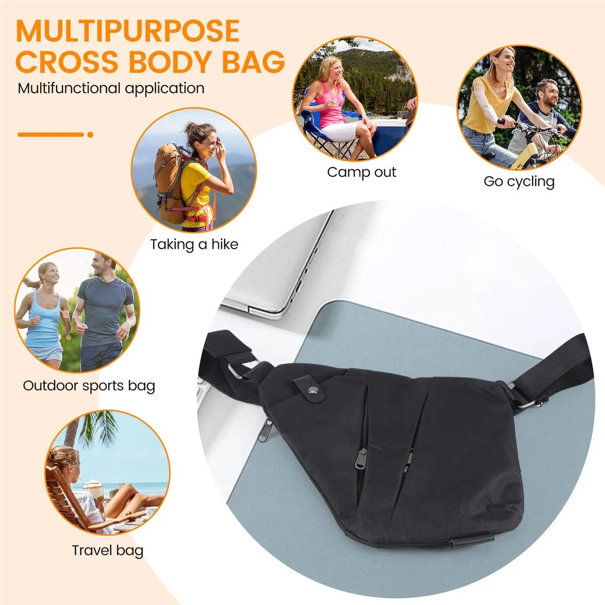 ABQR Borsa a tracolla sottile antifurto, borsa a tracolla multiuso per uomo donna viaggi all'aperto (nero)