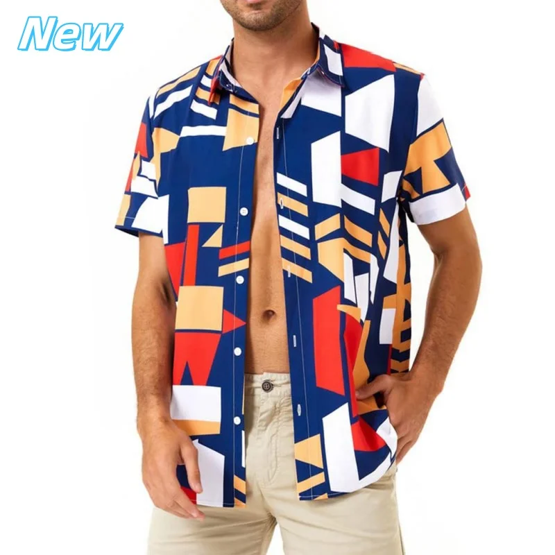

3D Printed Geometric Splicing Aloha Shirt For Men Fun Colorful Graphic Blouses Casual Short Sleeve Hawalian Shirts Loose Tops