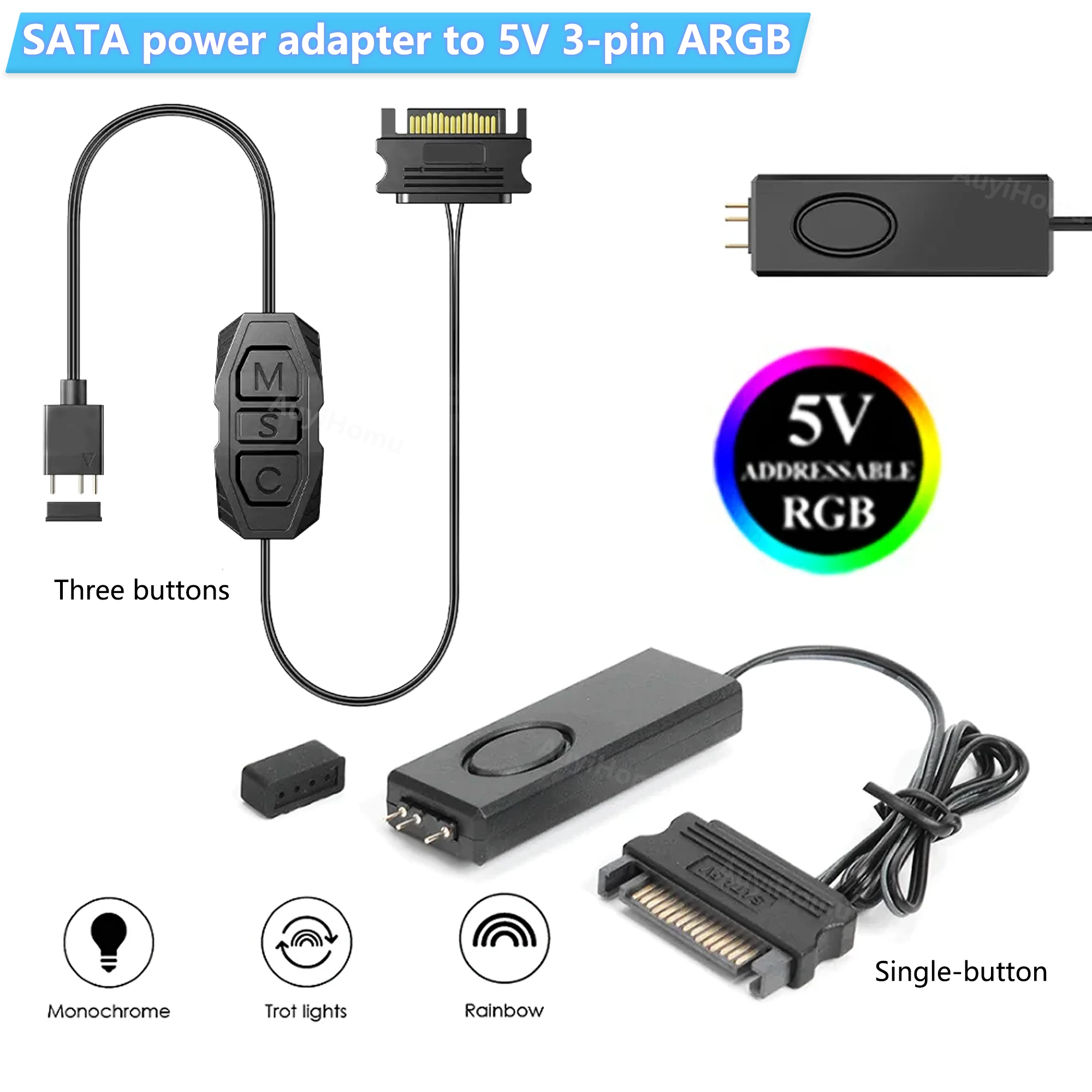 AuyiHomu SATA to 5V 3Pin ARGB Controller Adapter Cable ARGB LED Strip Light Hub for PC Case
