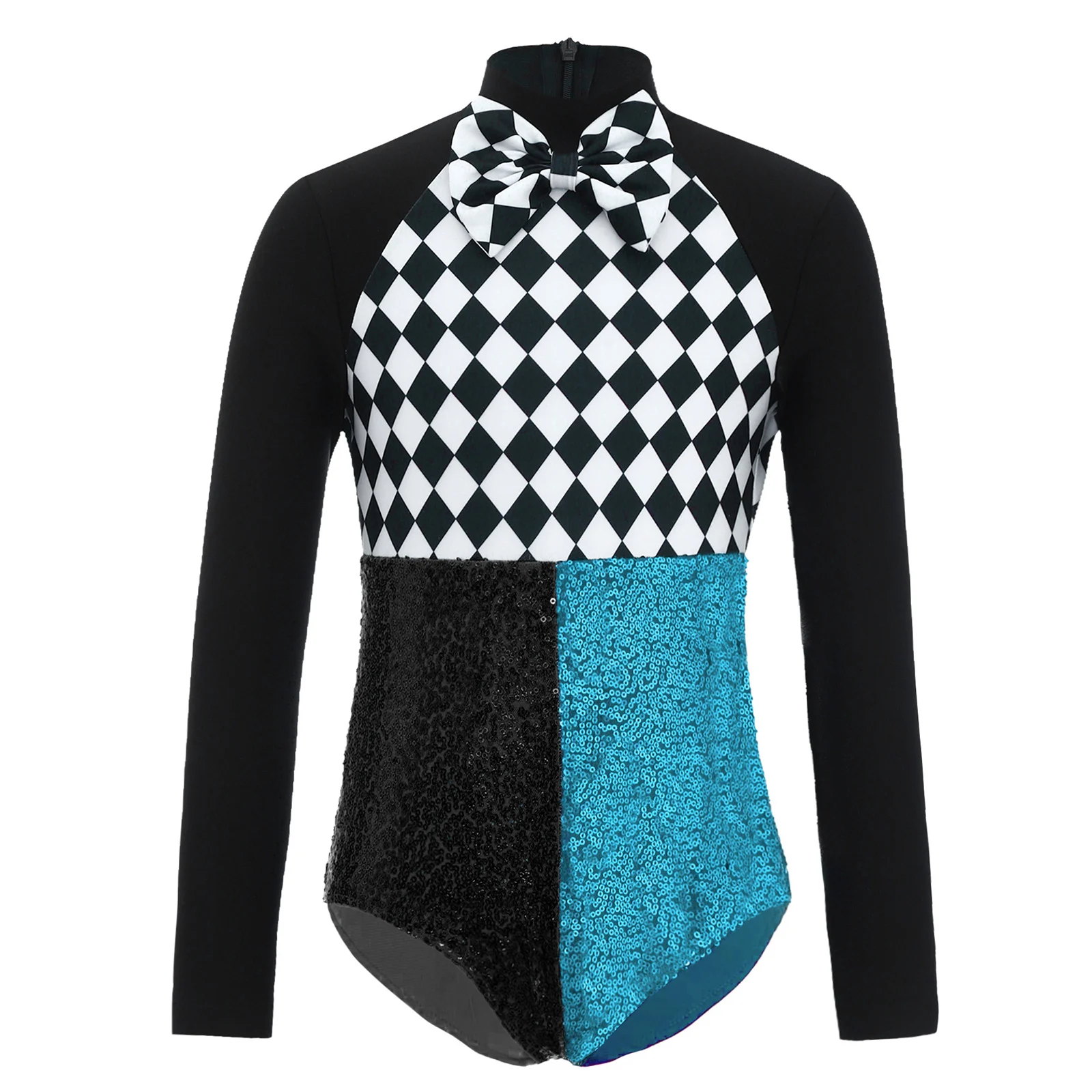 어린이 소녀 반짝이 스팽글 발레 레오타드 바디수트 레이싱카 드라이버 서커스 코스프레 의상 긴팔 체크무늬 보타이 점프수트