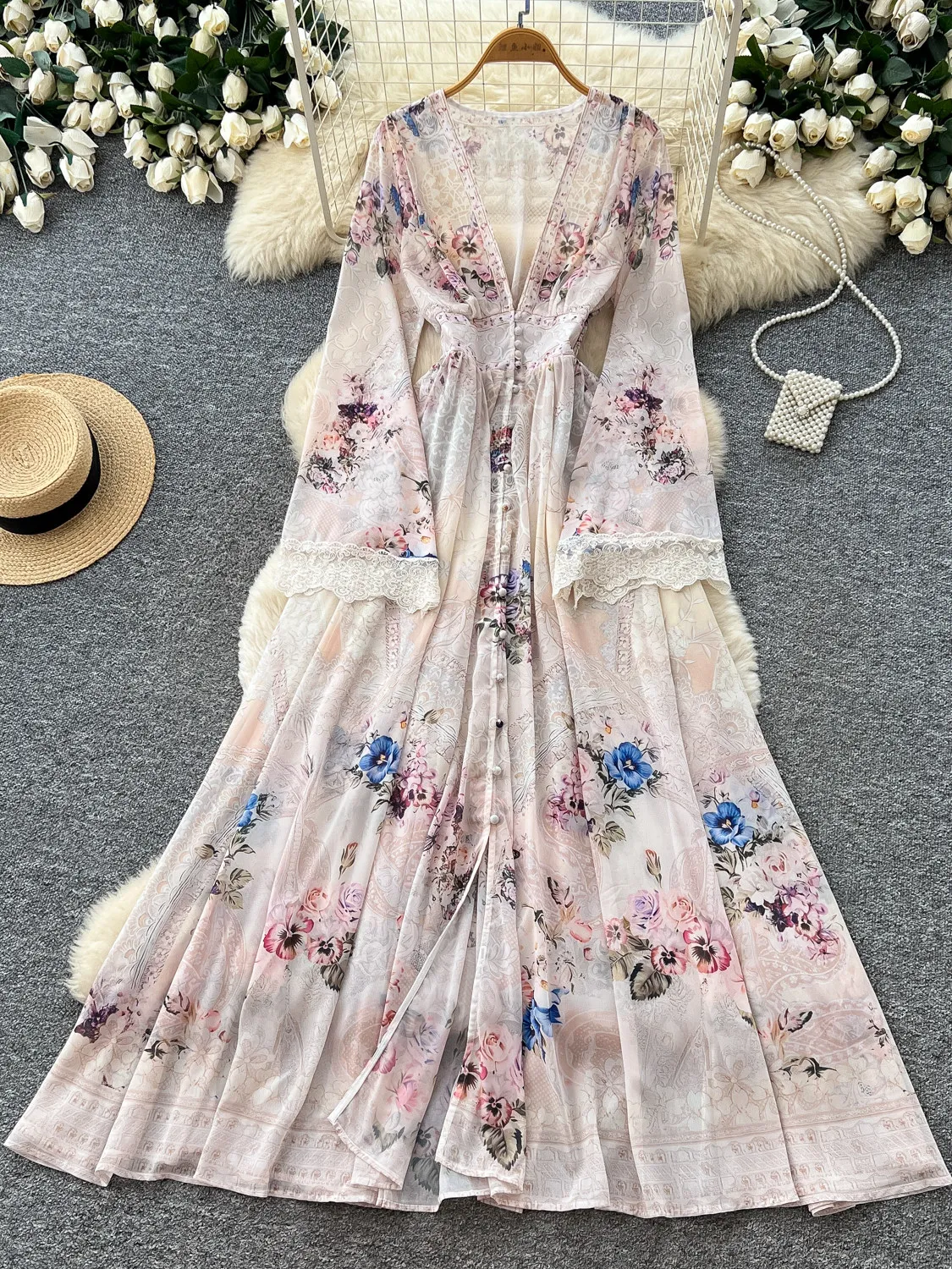 Vacation Style Floral Print Dress Women Long Sleeve V Neck Tie Waist Cinch Elegant Party Banquet Gowns Flared Long Dress Woman