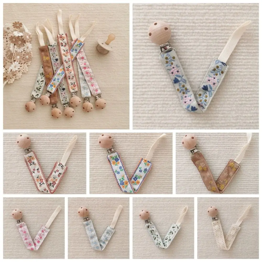 Ethnic Style Baby Cloth Pacifier Chain Adjustable Wood Soother Holder Dummy Clips Embroidery Floral Nipple Holder Clips Baby