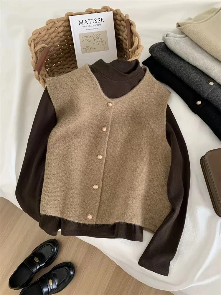 Cárdigan de punto elegante coreano para mujer, suéter sin mangas de una sola botonadura, Tops informales ajustados para mujer, otoño