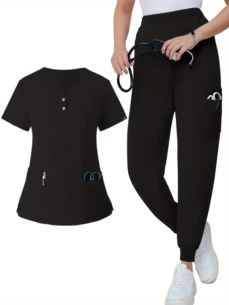 Health Uniform Two-Piece Set, Patched Pockets V-Neck Top & Solid Pants, Women's Clothing