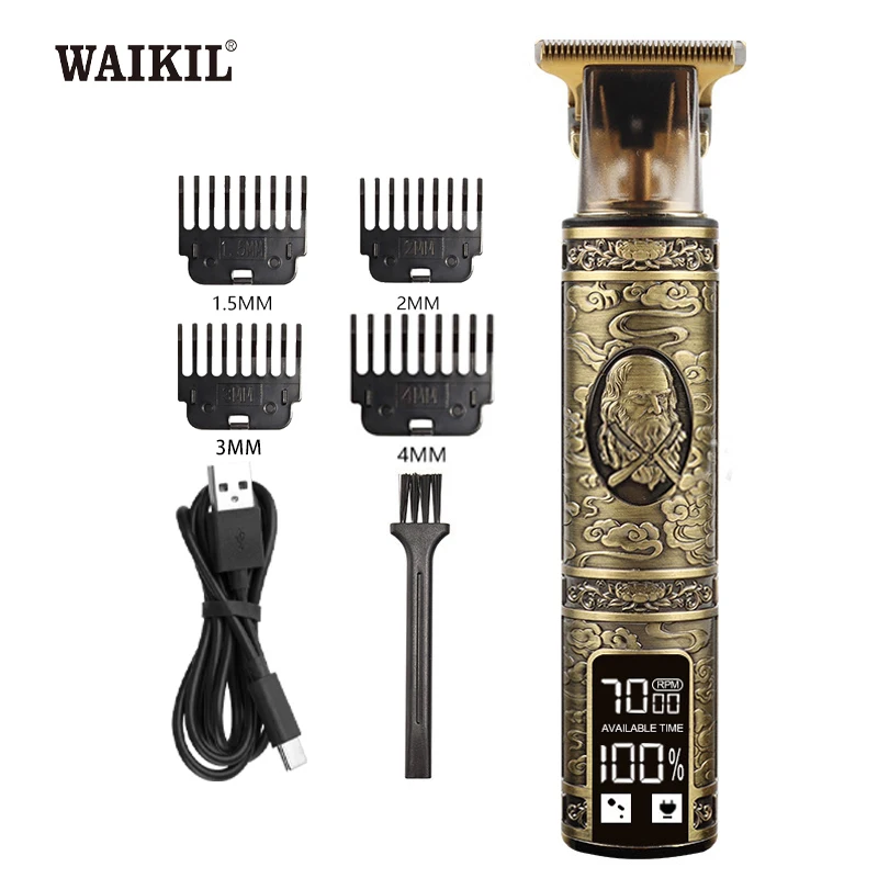 WAIKIL Men's Electric Hair Trimmer All Metal Electric Hair Clipper USB Charging Cordless Digital Display Shaver Carving Scissors