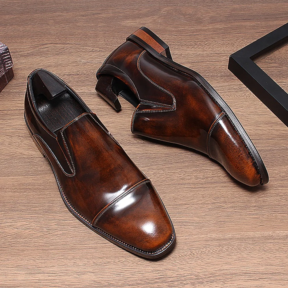 Classic Leather Shoes for Men Slip on Square Toe Oxfords Formal Wedding Party Office Business Casual Dress Shoes for Male