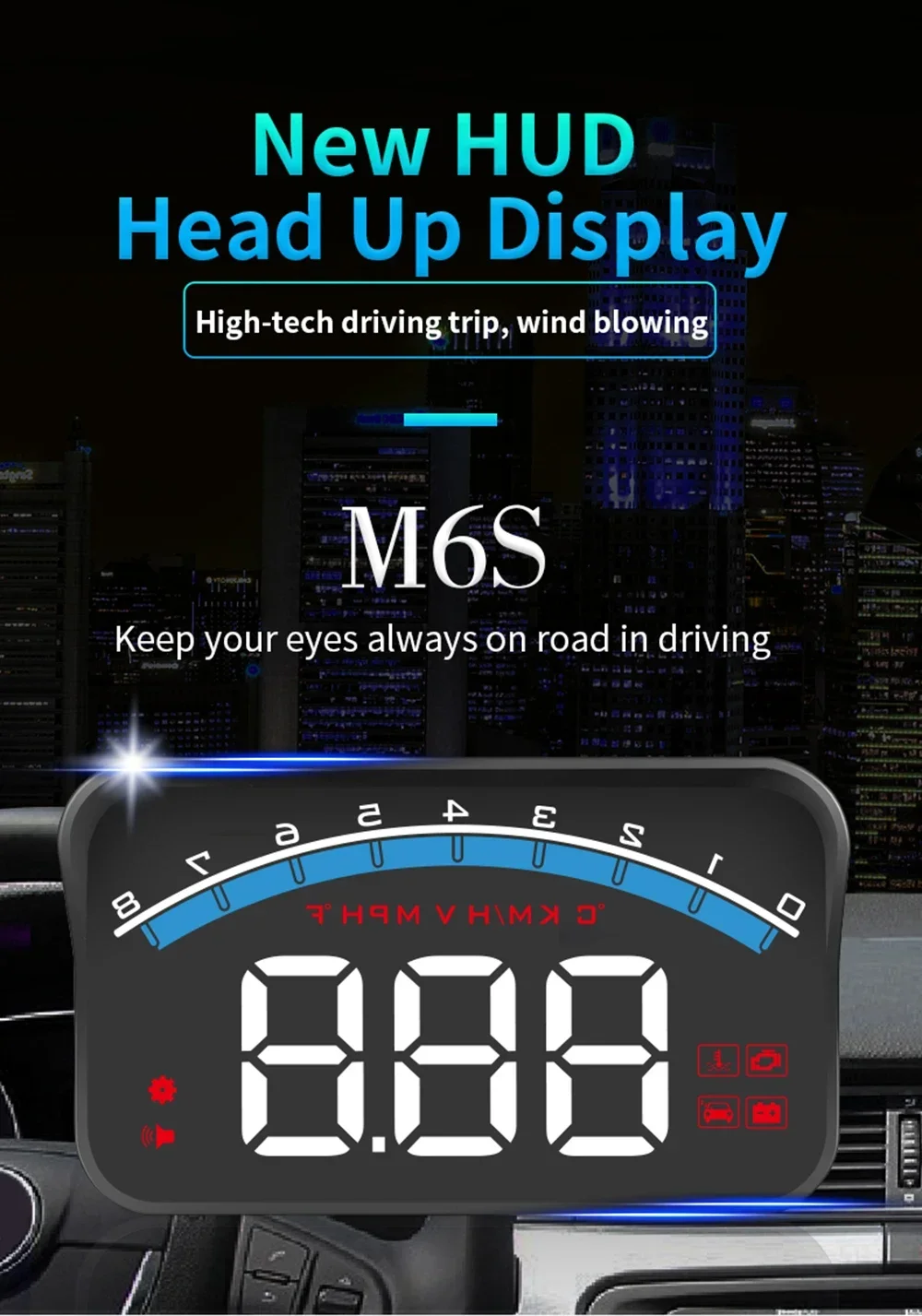 M6S OBD2 HUD Digitales Auto-Head-Up-Display Windschutzscheiben-Projektor Tachometer Wassertemperatur Spannung Auto-Zubehör Bordcomputer – Detail 2