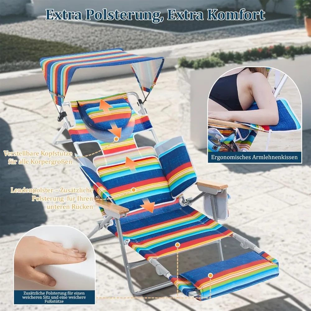 كرسي شاطئ 4 في 1 مع مظلة وكرسي تسمير البشرة وفتحات للوجه والذراع ووسادة قطنية ومساند للذراع للاسترخاء النهائي