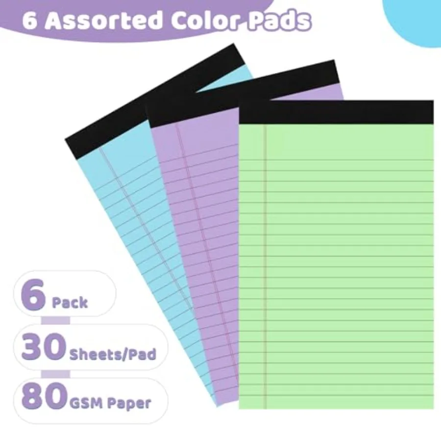6 Packs Legal Pads, Totally 10 Sheets Colored Legal Pads College Ruled Writing Pads Small Note Pads 30 Sheets/Pad Tablets Lined