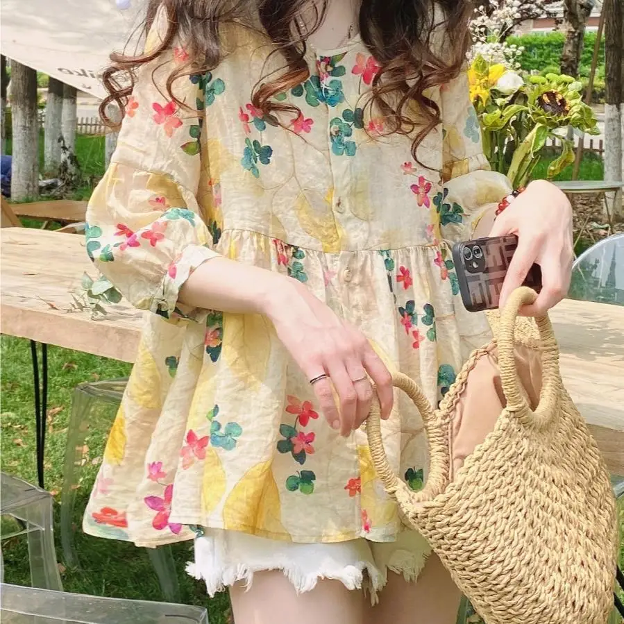 

Летняя свободная посадка с цветочным принтом irt, корейская блузка Sle Sweet And Faionable из полиэфирного волокна для женщин