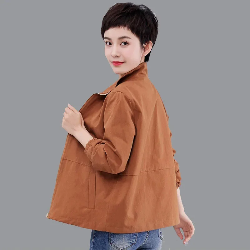 2024 Coat Women's Double-Layer Spring Autumn Loose Short Jacket Stand-Up Collar Tops Casual Short Windbreaker Outwear Female