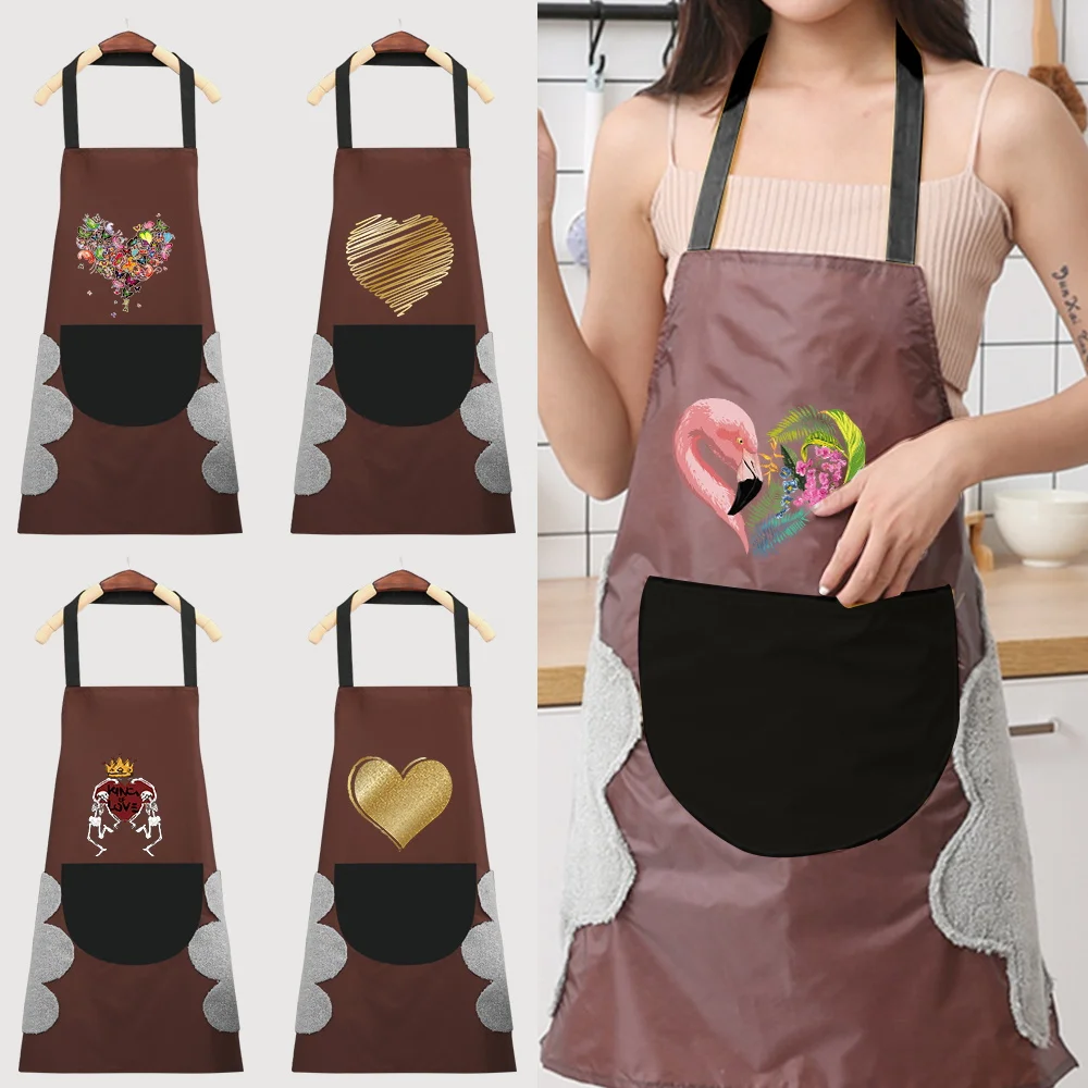 

Waterproof Oil Cooking Apron Chef Aprons Kitchen Apron with Front Pocket Printing Love Pattern Cleaning Accessories Aprons