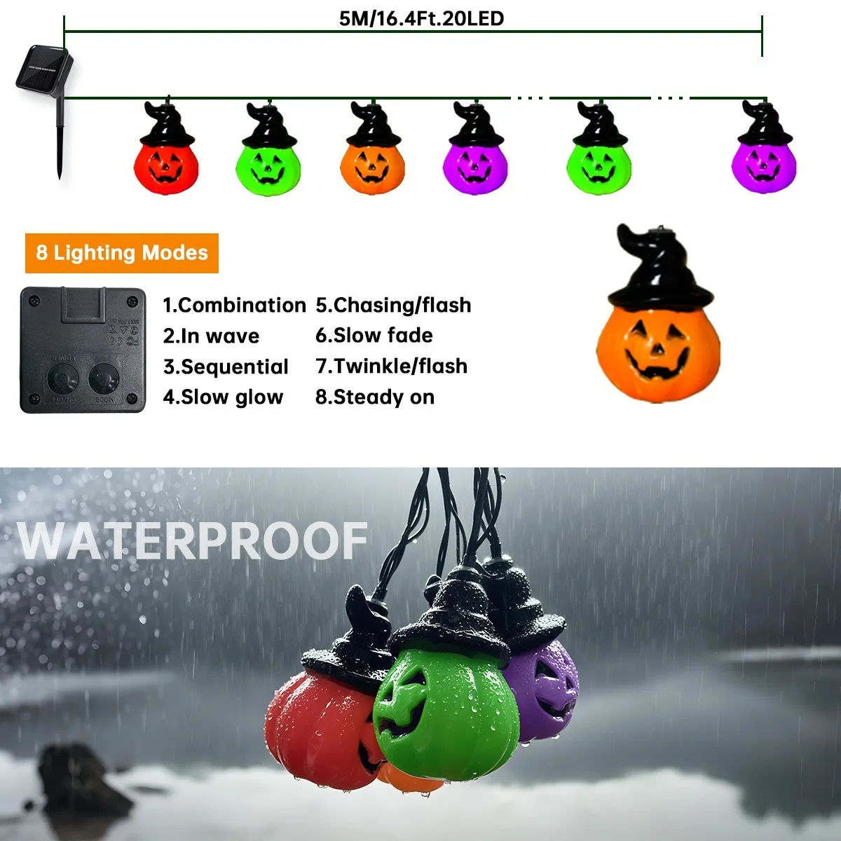 1PC 5M/16.4FT. 20LED 4 Colorful Hat Pumpkin Lights Solar Powered String Lights For Home Indoor Outdoor Festival Party Decoration