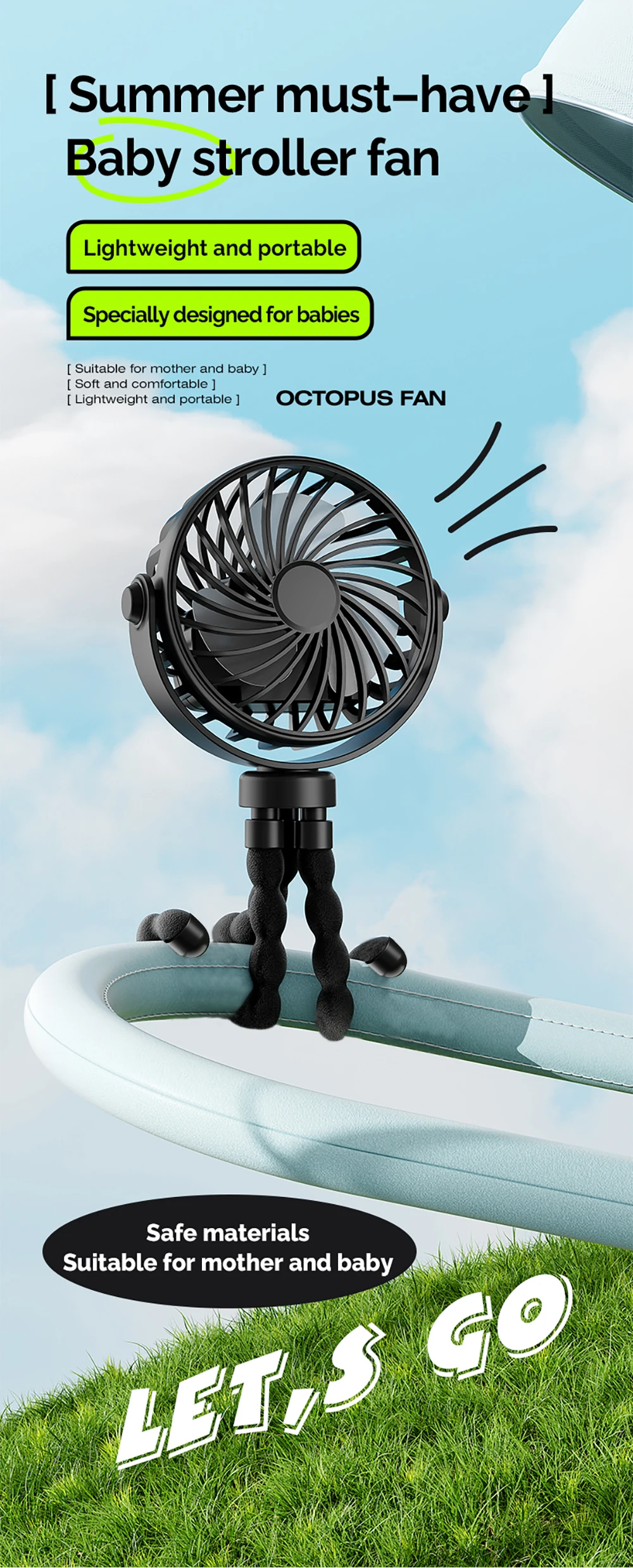 Mini Oszillierender Ventilator, Geräuschloser Oktopus-Ventilator, Flexibel Einstellbar, Handheld/Hängend/Umwickelbar/Stehend, Mini-Ventilator mit Licht, Kinderwagen-Ventilator – Detail 2