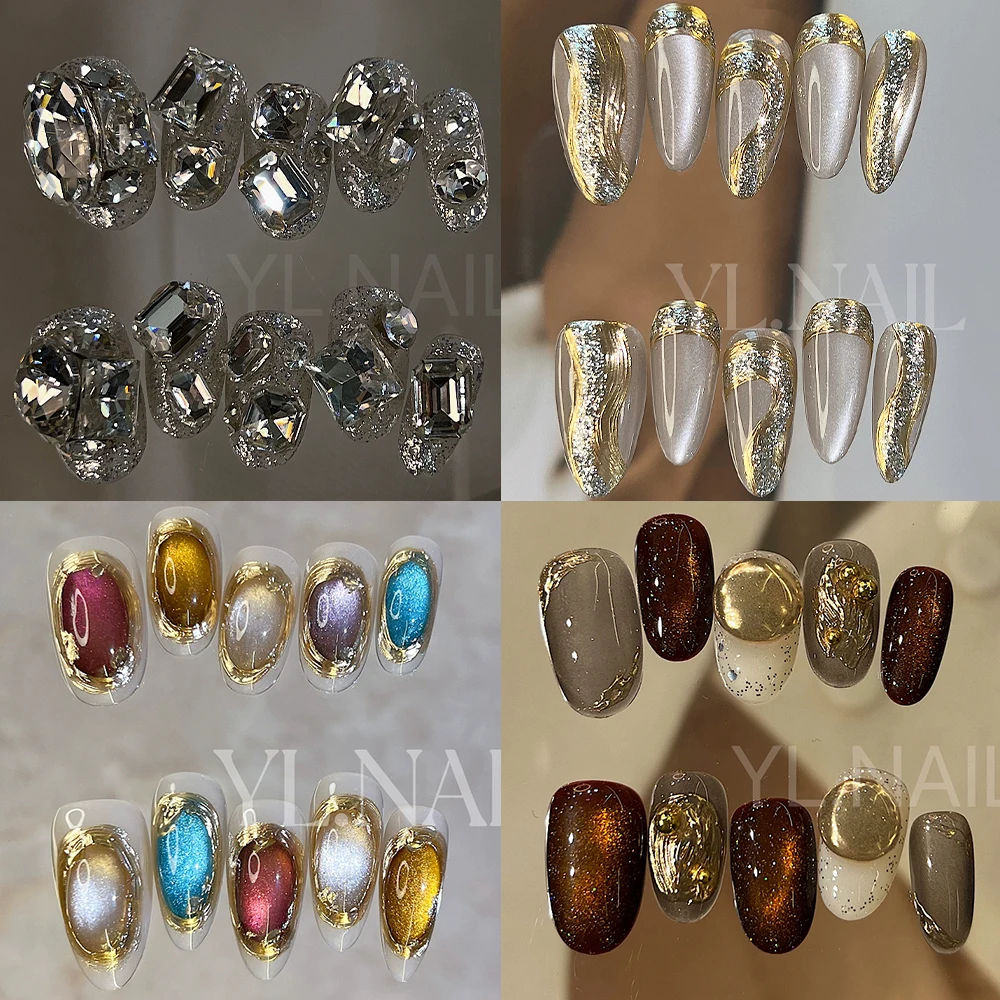 

10Pcs Colorful Shiny Cat's Eyes Almond Handmade Wearable Nails Minority Senior Luxury Rhinestone Full Cover False Nails Art