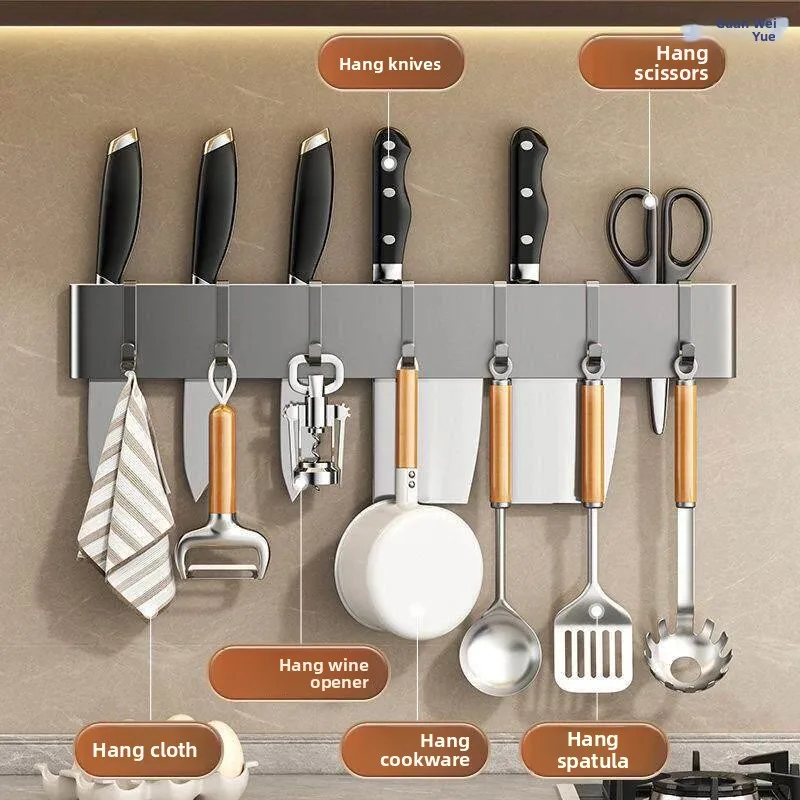 Kitchen Wall Mounted Knife Holder Rack Pot Spoon Storage Shelf No Drilling Required Blade Insertion Hanging Shelf Knife Stand
