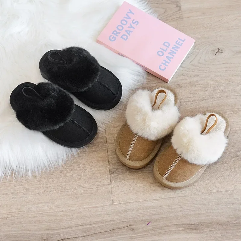 Pantofole in peluche in pelle scamosciata per bambini in stile coreano 2023 inverno nuove ragazze scarpe in cotone con fascia elastica semplici