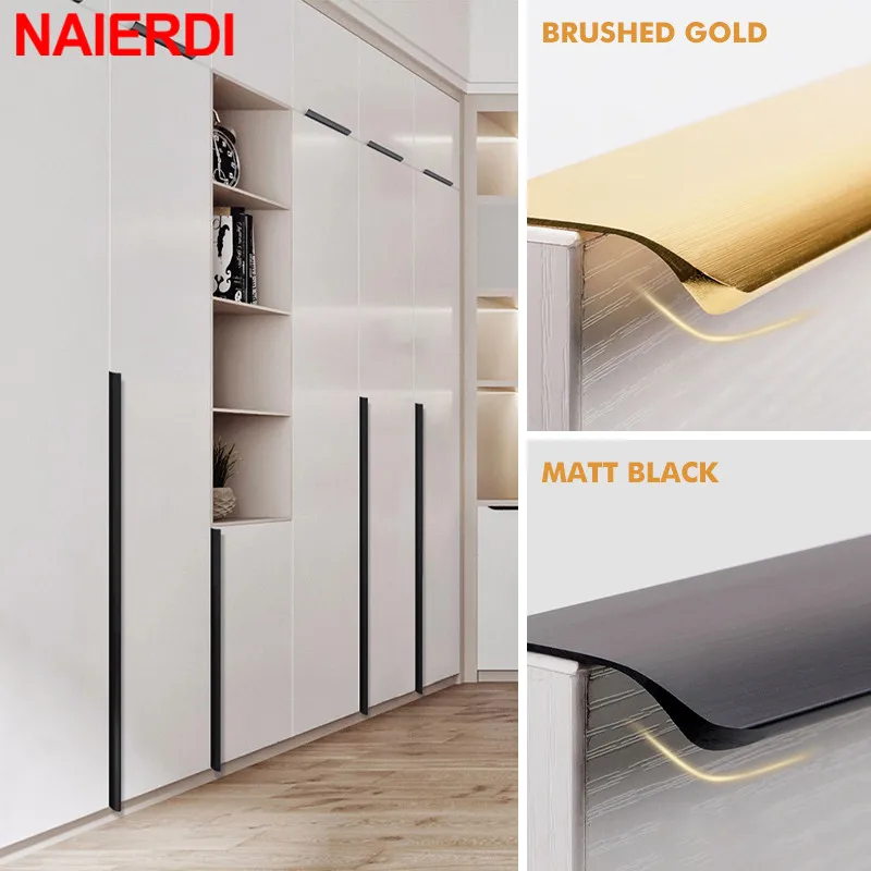 NAIERDI Gold Black Hidden Handles Long Kitchen Cabinet Pulls Silver  Drawer Pulls Aluminum Alloy Furniture Handles Cupboard Knob