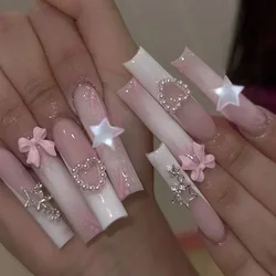 24 Uds uñas postizas rosas ataúd largo uñas postizas estrella con diseños franceses Ballet usable prensa en uñas cobertura completa puntas de uñas arte
