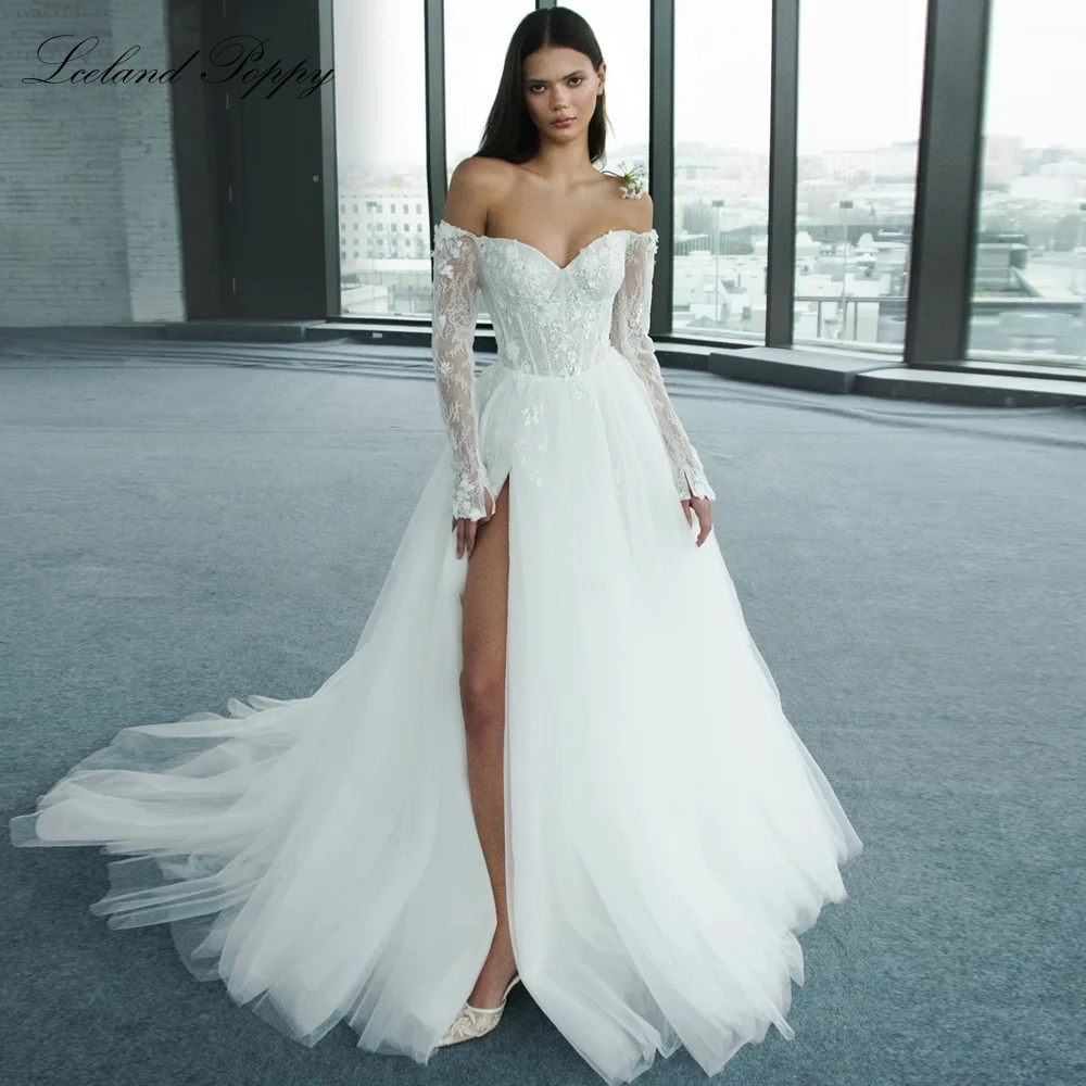 

Lceland Poppy Customized A Line Wedding Dresses Full Sleeves Off the Shoulder Lace Bridal Gowns with High Slit