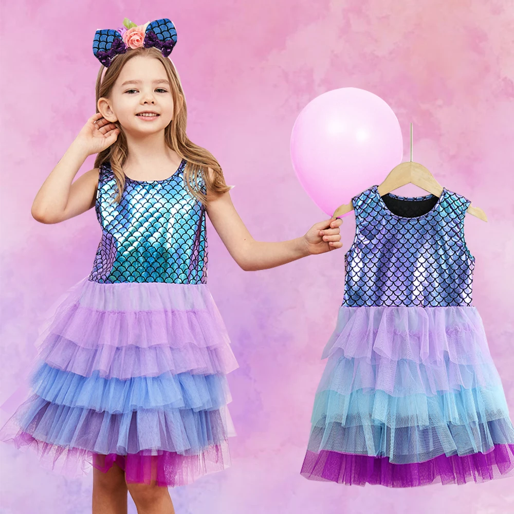 

Summer Mermaid Tutu Dress for Girl Fancy Birthday Party Princess Dress Children Clothing Baby Girl School Perform Outfit Vestido