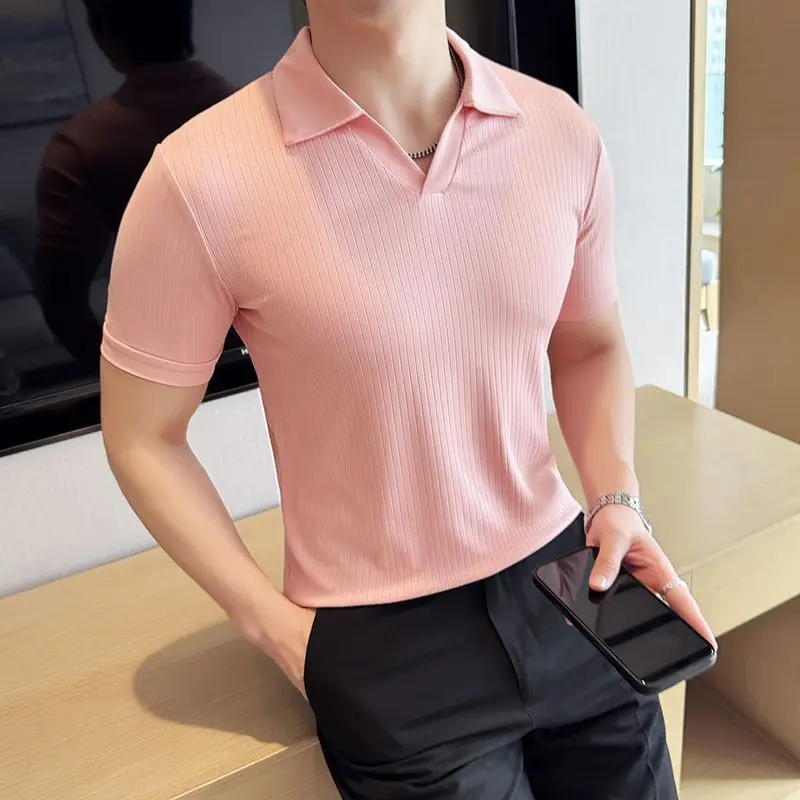 

Dark Striped Men's Short Sleeve Polo Shirt Summer Thin Fashion Trend Slim Fit Handsome Versatile V-Neck T-Shirt
