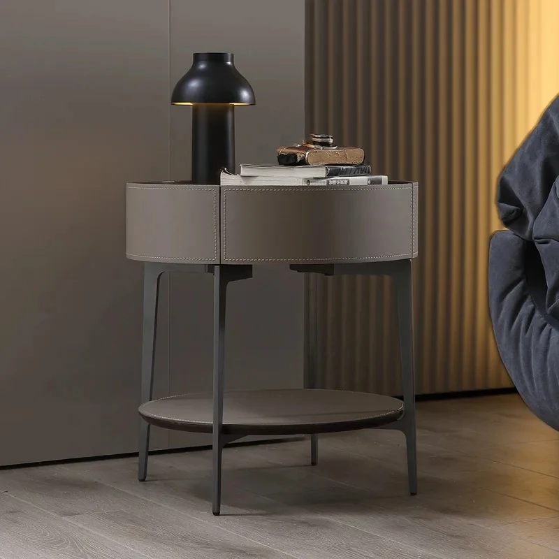 Italian minimalist leather round bedside tle high-end ple light living room