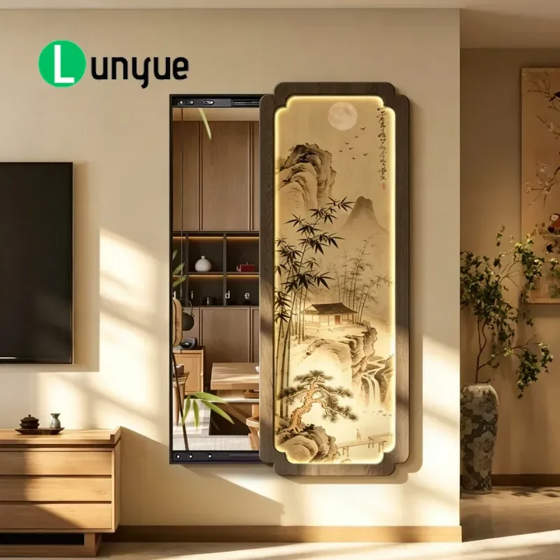Chinese Landscape Push Pull Hidden Full Body Mirror Hanging Painting Invisible Wall Art Decor for Living Room Porch Entryway