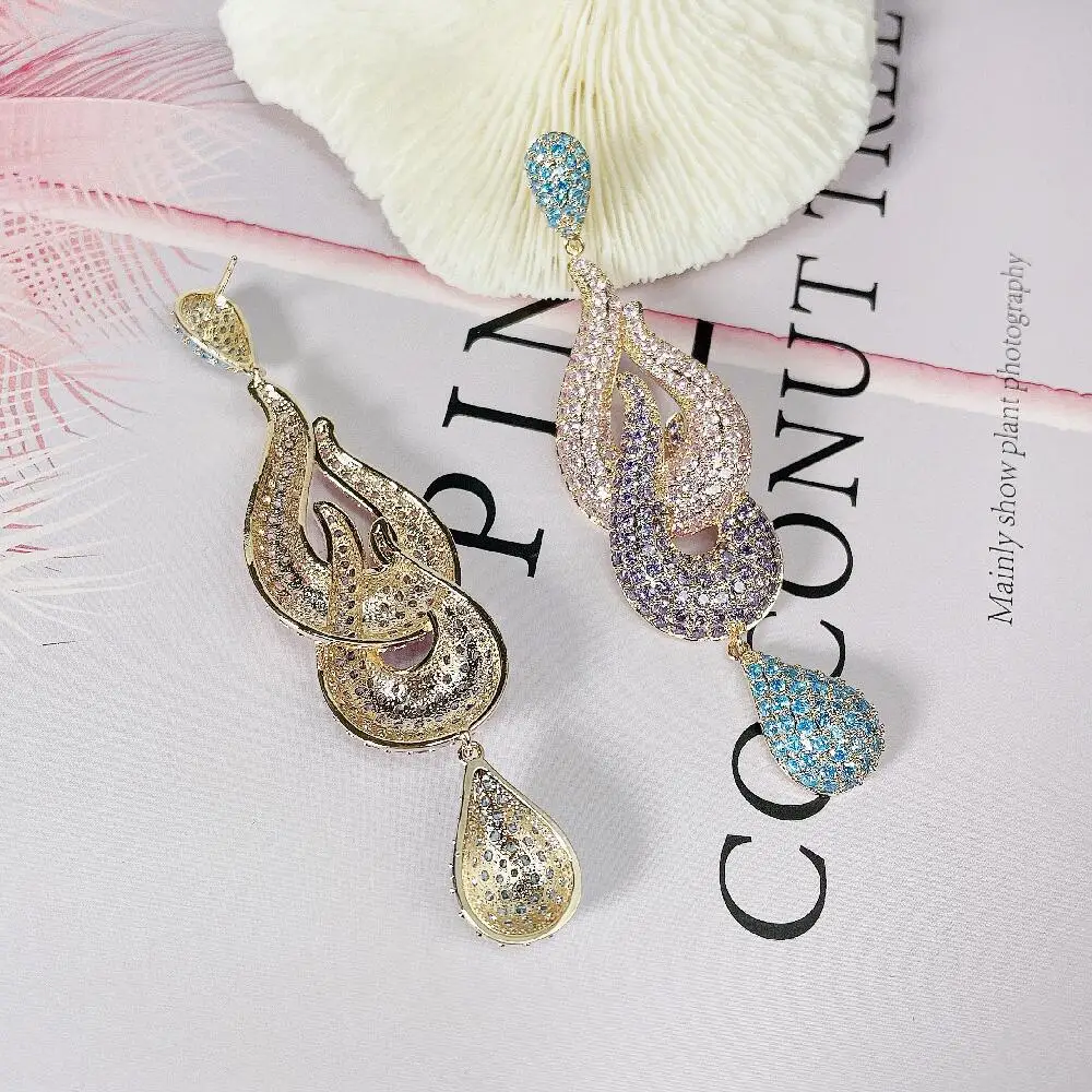 SENYU Intimate Loop Long Earrings Beautiful Color Paved Full Zirconia Luxury Brand Gold Plated Banquet Jewelry Anniversary