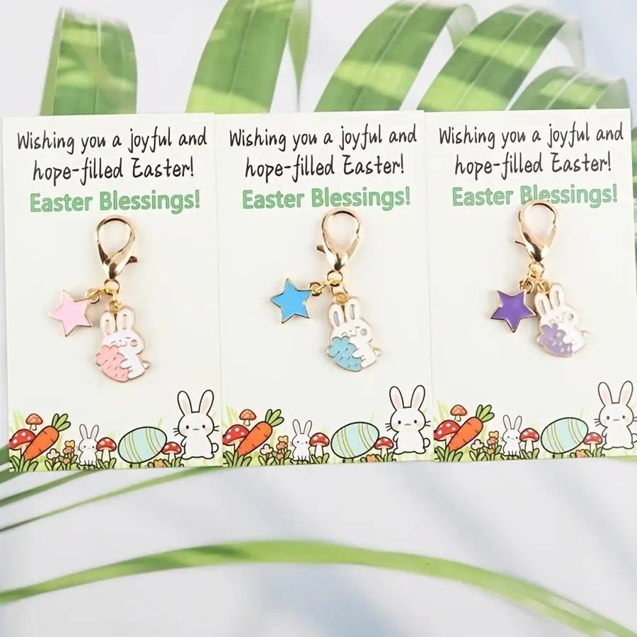 1/5/10/20/50/100pcs A Set of 3 Interesting Rabbit-Themed Keychains with Star-Shaped Keyrings, Accompanied by a Happy Easter Card