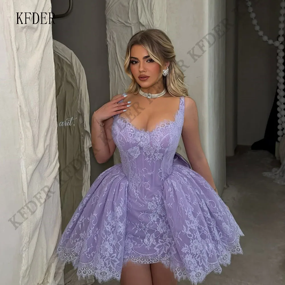 Lavender Purple Lace Women's Prom Dress Sweetheart Sleeveless Birthday Dresses Lace Short Puffy Graduation Gown Customized