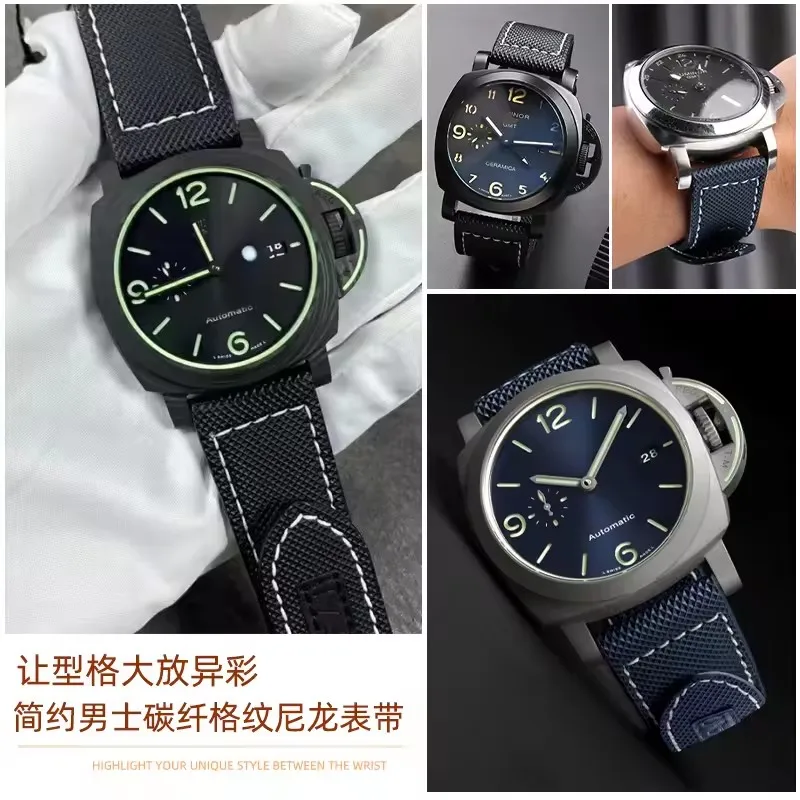 High Quality Nylon Fabric Watchband Fit for Panerai Luminor PAM01118 Army green Canvas Genuine Leather Watch Strap 24mm