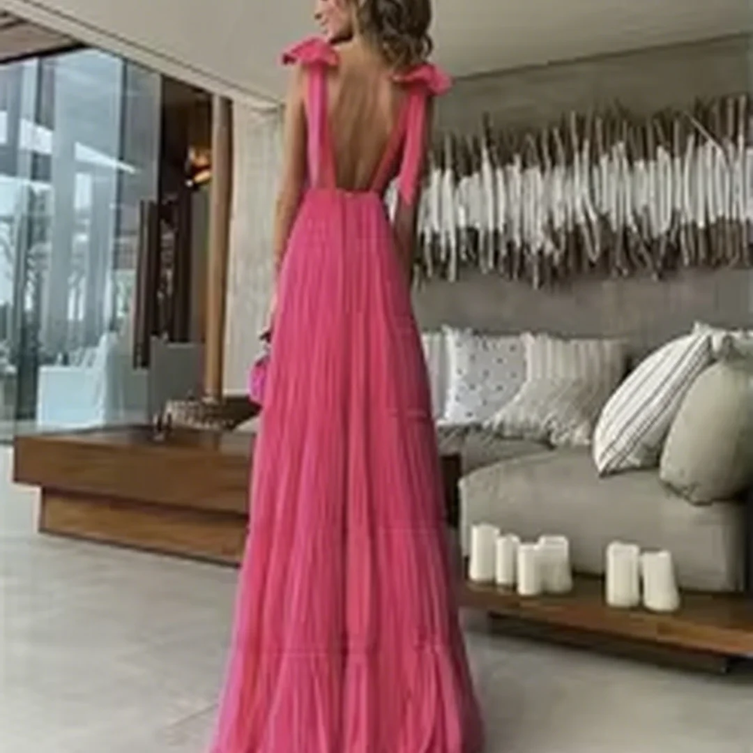 Customized Spaghetti Straps A Line Prom Gowns Deep V Neck A Line Party Dress For Women Simple Beach Backless Evening Dress