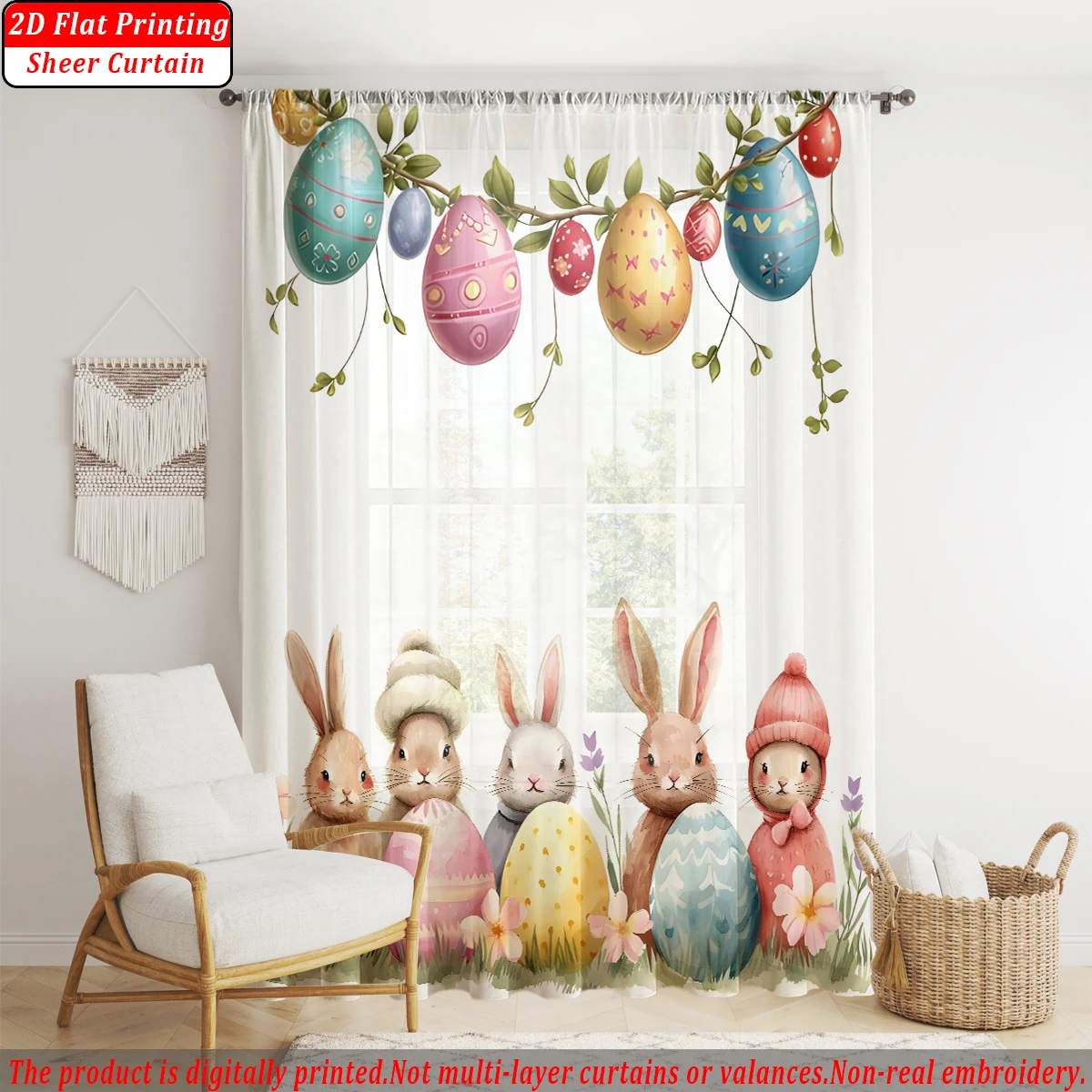 Rabbit, Easter Egg Tree Branch Flat Printing Sheer Curtain，Light Fabric，for Living Room Bedroom Home Door and Window Decor
