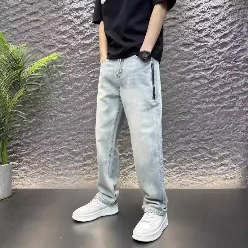 

Spring Summer New Men's Casual Elastic Wide Leg Jeans Low Waist Cotton Stretch Denim Youth Faion Straight Fit Wear Resistant