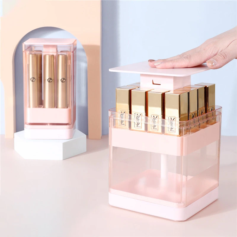 

8/12 Grid Desktop Transparent Lipstick Lip Glaze Storage Box Press the Lift -Down Division of Dustproof Belt Lipstick Organizer