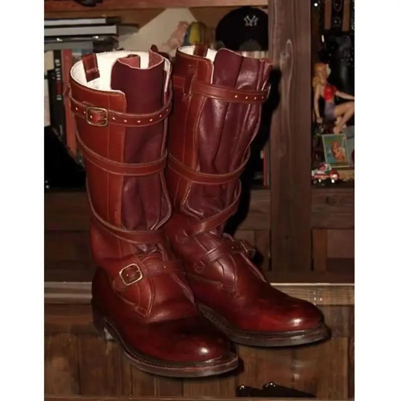 

Brown Matte Leather Men's Cowboy Boots Strappy Buckle Round Toe Chunky Heels Shoes Work Winter Shoes 2026 Zapatos Para Hombres