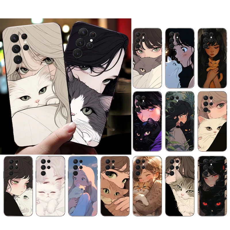 Anime Girl Woman Holding a Cat Phone Case For S24 S23 S22 S21 S20 Ultra S20 S22 S21 S23 S20 FE S24 Plus