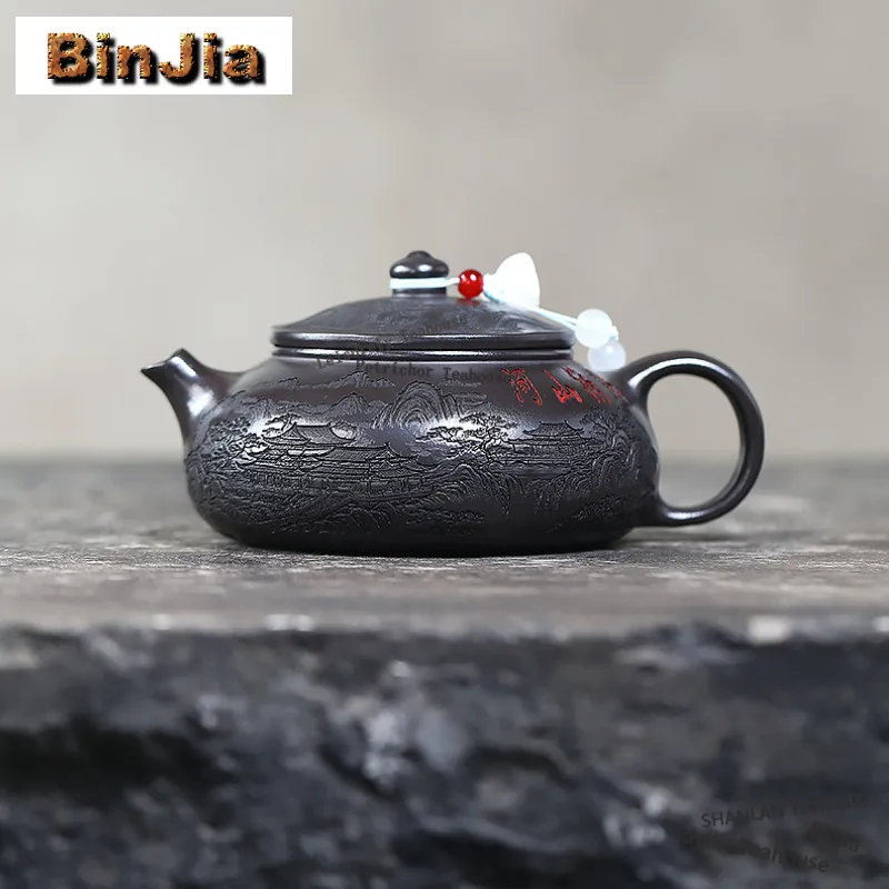 

220 мл Исин Фиолетовые Глиняные Чайники Ручной Работы Han Jiang Горшок Сырой Рудный Камень Желтый Грязевой Чайник Чайник с Фильтром Чайный Набор Цзыша Подарочный