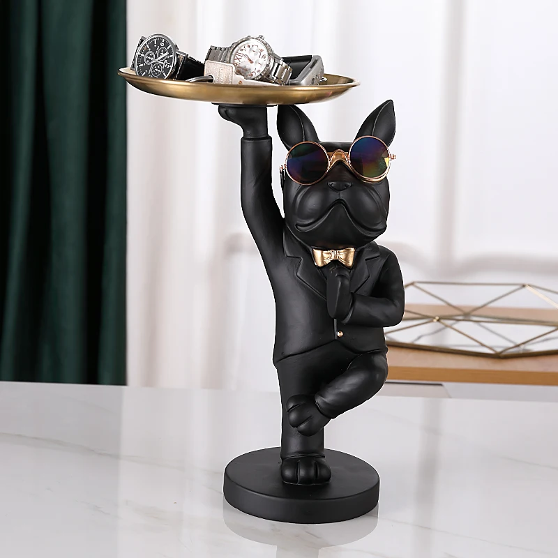 KungFu Bulldog Butler With Tray for Keys Jewelry Stock Storage Nordic Home Decor Dog Statues Resin Sculpture Desk Decoration