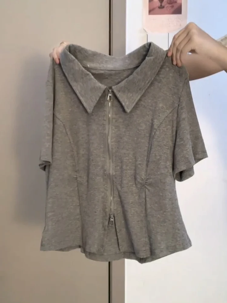 

Retro American Grey Zipper Short Sleeve T-Shirt Women's Summer Slimming Split Top Commute Cotton Color Slim Fit T-Shirt