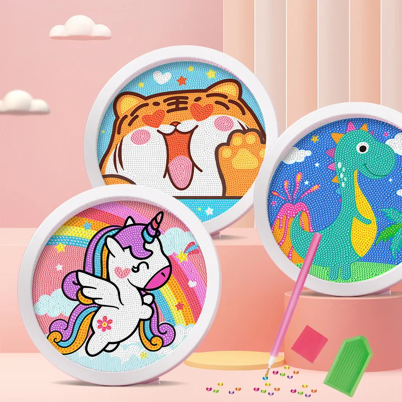 Round frame unicorn diamond painting kitten children\'s handmade dinosaur creative diamond stickers tiger diy point diamond paint