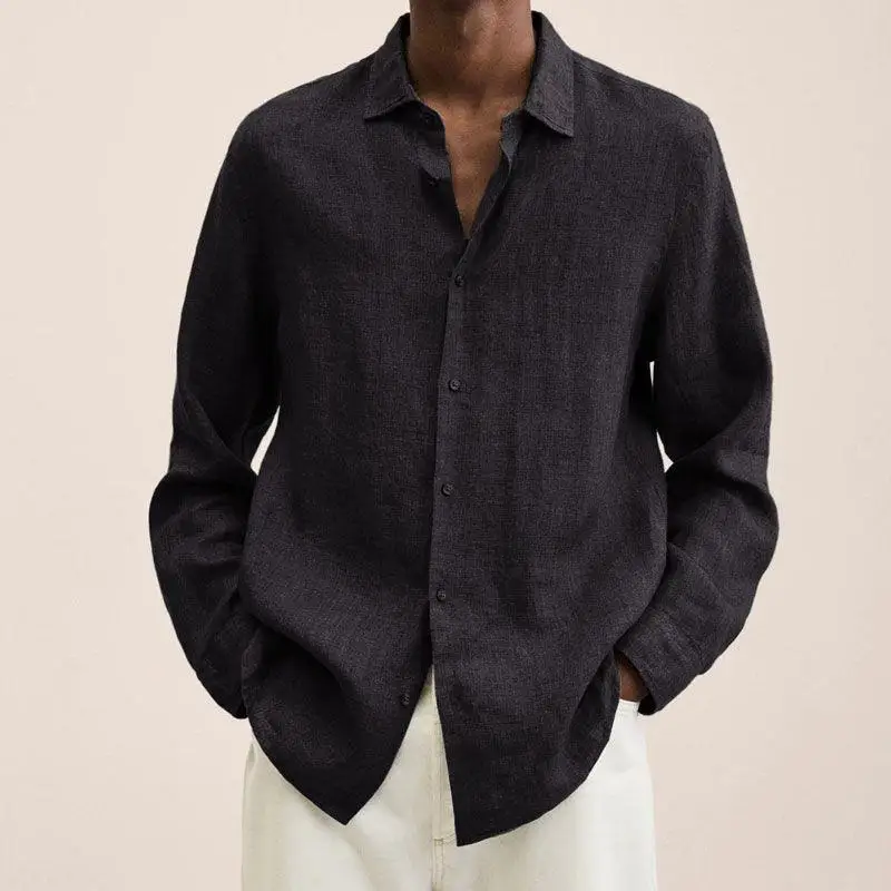 Men's Long Sleeve Cotton Linen Shirt Swedish Collar Pocket Design Splice Fabric Deformation Resistant Summer Fashion Inner Wear view 3
