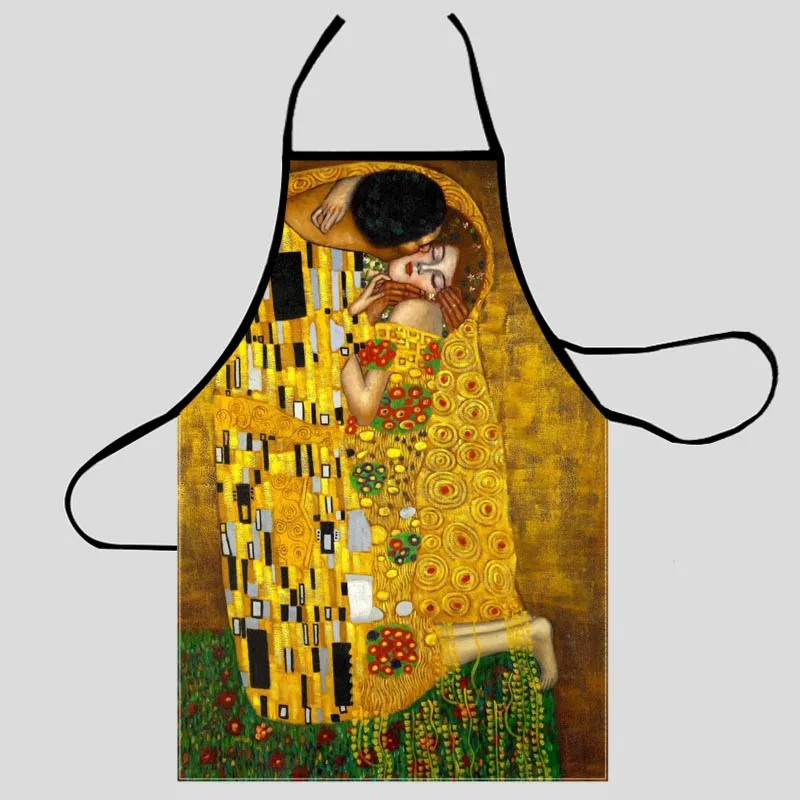 Art Kiss Gustav Klimt Kitchen Apron Dinner Party Cooking Apron Adult Baking Accessories Waterproof Fabric Printed Cleaning Tools