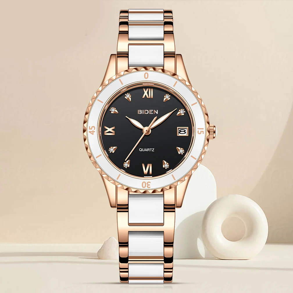 BIDEN Ladies' Watch Anti Ceramic Strap Ladies' Watch Luxury Diamond Inlaid Luminous Pointer Calendar Original Quartz Watch
