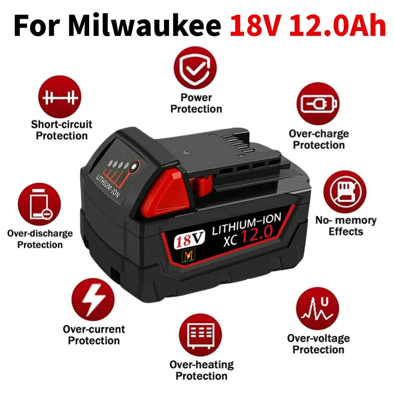 FOR Milwaukee 18V Battery 6.0Ah/12.0Ah M18 XC Lithium Battery 48-11-1860 48-11-1850 48-11-1840 Power Tool Battery Charger